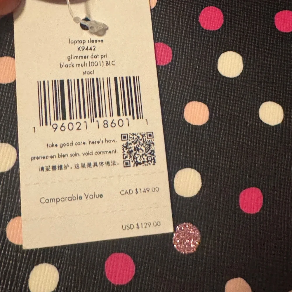Kate Spade Black Laptop Sleeve with Pink, Glitter and White Polka Dots NWT
